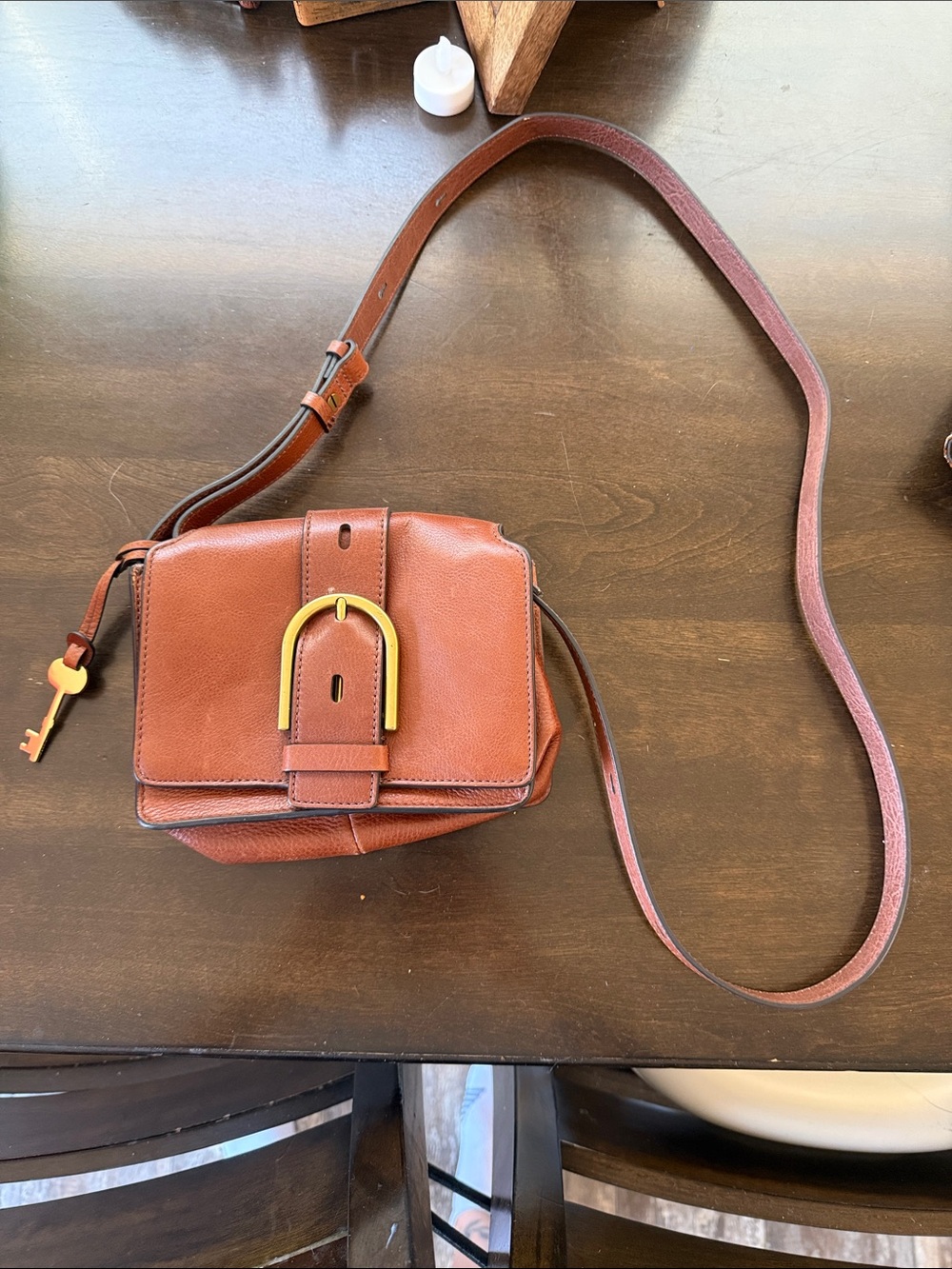 Fossil Chestnut Brown Leather Crossbody with Gold Buckle